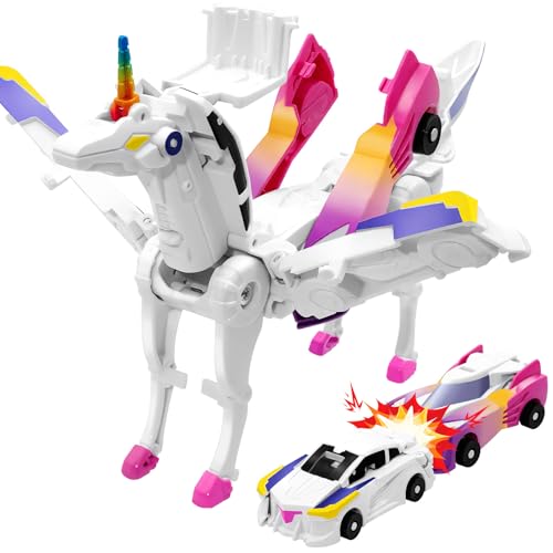 Intoypad Unicorn Collision Transforming Cars Toy for Girls Boys, 2 Magnetic Cars Transform into Magical Unicorn Collision Transforming Robot Cars Toy Deformation Christmas Birthday Gifts for Kids Pink - color: Pink