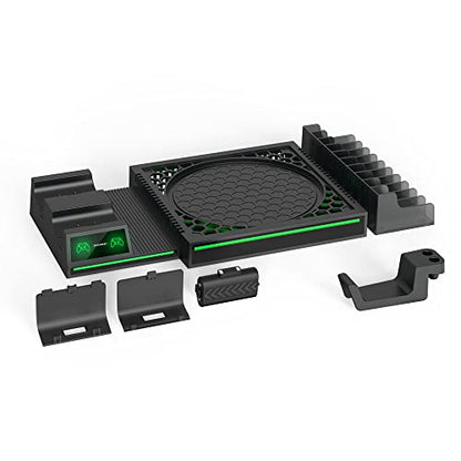 Vertical Stand Compatible with Xbox Series X Console, Dual Charging Station with 2 Rechargeable Battery for Xbox Series X Controller, with 10 Game Card Slot and Headphones Holder & 4 Cover…