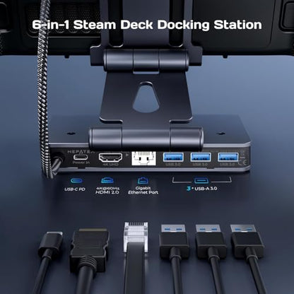 Docking Station Steam Deck Dock: Adjustable Stand 6-in-1 Hub Stream Deck Accessories with HDMI 2.0 4K@60Hz TV/1Gb Ethernet/3*USB-A 3.0/PD 3.0 Fast Charging for Steam, iPad,Other Smart Phones Black
