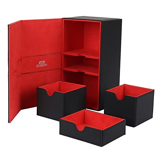 AEGIS GUARDIAN Card Deck Box for MTG with 3 Tray Commander Deck Box Hold 200+ Double Sleeved Cards, PU Leather 7 Strong Magnets Card Storage Box Deck Game Case for TCG CCG, Red Ineer - color: 4-3
