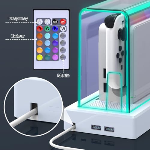 Mooroer Dust Cover with 16 LED Colors Light Base for Nintendo Switch/OLED, Acrylic Clear Display Box Anti-Scratch Waterproof Slim Dock Case, Cool Switch Accessories