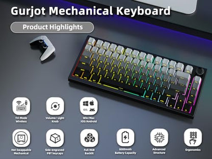 Gurjot Wireless Mechanical Keyboard, 75% Hot Swappable Custom Keyboard with Knob,PBT Keycaps,BT5.0/2.4GHz/USB-C,RGB Backlit, Mechanical Gaming Keyboards for PC/Tablet/PS/Xbox - color: Black gradient gray