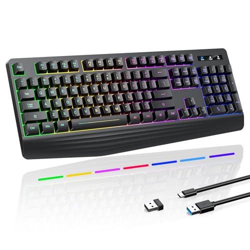 Wireless Gaming Keyboard, RGB & Single-Color Backlit, Full-Size Waterproof Computer Keyboard, Silent Keys, Wrist Rest, Sleep Mode, Rechargeable 2.4G Wireless Keyboardfor Windows, Mac, PC, Laptop - color: Carbon Black