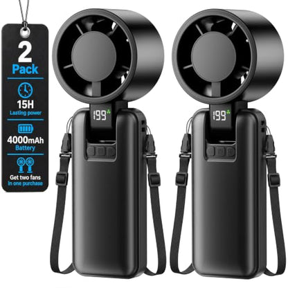 2 Pack Portable Mini Handheld Fan, 199-Level Stepless Speed,Black | 4000mAh Rechargeable Battery, Quiet, LED Digital Display, Personal Cooling Turbo Fan for Travel, Office, Makeup & Concerts - color: Black