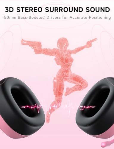 Gvyugke 2.4GHz Wireless Gaming Headsets for PS5, PS4, PC, Switch - Bluetooth 5.3 Gaming Headphones with Noise Canceling Mic, 7.1 Surround Sound, 70H Battery, Blue Lighting - Blush Pink - color: Blush Pink