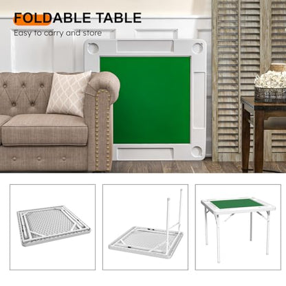 Mahjong Table, 35.4" Square Folding Card Table with Green Felt, Chip Trays, 4 Cup Holders, Multi-Game, Domino and Poker Tables for 4 Players, Portable Foldable Tables for Jigsaw Puzzles - color: White