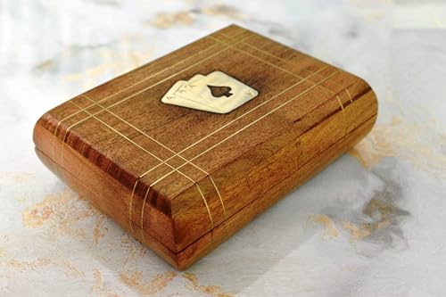 Playing Cards Holder, Handmade Wooden Card Storage Box with Brass Inlay Design, Anniversary Birthday Gifts Made in India (Design 5) - color: Design 5