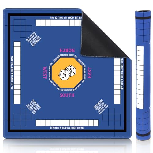 Mahjong Mat for Table 31.5''x31.5'', Non-Slip Mahjong Cloth Cover with Game Rules, Mahjong Tablecloth for Poker, Board Games Table Mat, Card Games, Tile Games, Dominoes (Blue)