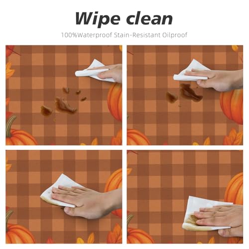Famame Autumn Pumpkins Wreath on Plaid Round Fitted Tablecloth with Elastic Protector Table Kitchen Dinner Waterproof Oil-Proof Table Covers Fits 40"-44", Small - color: Autumn Pumpkins Wreath, size: Small (40"-44")