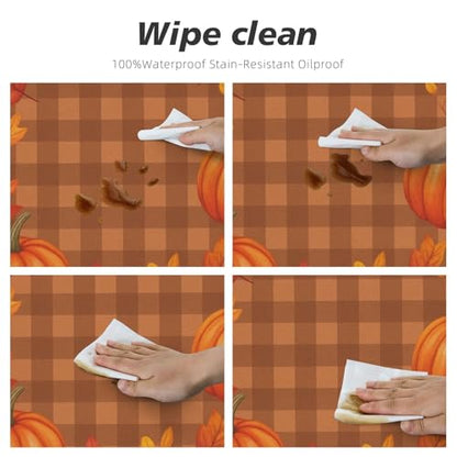 Famame Autumn Pumpkins Wreath on Plaid Round Fitted Tablecloth with Elastic Protector Table Kitchen Dinner Waterproof Oil-Proof Table Covers Fits 40"-44", Small - color: Autumn Pumpkins Wreath, size: Small (40"-44")