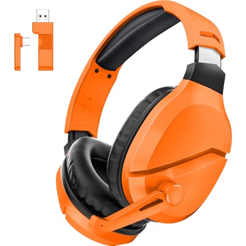 WolfLawS Wireless Gaming Headset with Mic for PS5 PC PS4, Orange | 2.4G/Bluetooth Gaming Headphones, Noise Canceling Microphone, USB & Type-C Connector, Wired Mode for Controller - color: Orange