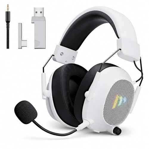 Wireless Gaming Headset for PC, PS5, PS4 and Mac, 2.4GHz Low Latency Gaming Headphones with Bluetooth 5.3, Noise Canceling Mic, RGB Light, Surround Sound, 50H Battery, Tac Master White