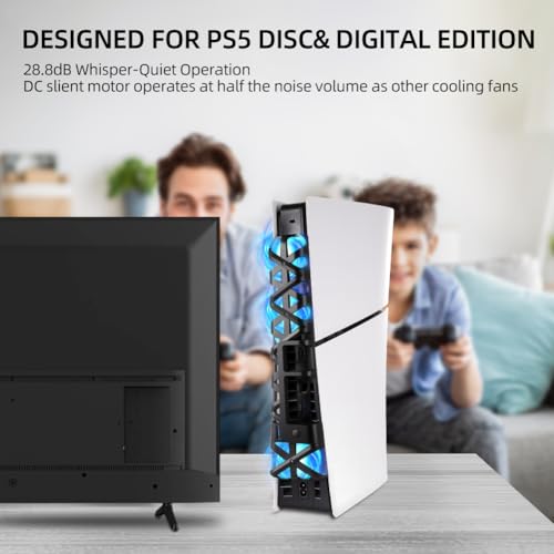 Cooling Fan with LED Light for PS5 Slim, Quiet Cooling System Accessories for Playstation 5 Slim Disc and Digital Editions, Compatible with Horizontal Stand For Gaming Console