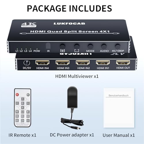 HDMI Multi-Viewer 4X1, Seamless Switcher 4 in 1 Out, Quad Multi Viewer Switcher with IR Remote, Supports 4K 30Hz, 5 Display Modes for Security Camera, Gaming Consoles