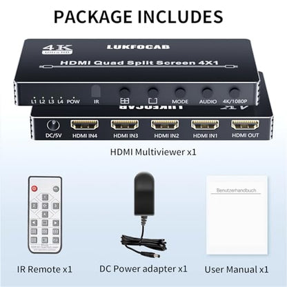 HDMI Multi-Viewer 4X1, Seamless Switcher 4 in 1 Out, Quad Multi Viewer Switcher with IR Remote, Supports 4K 30Hz, 5 Display Modes for Security Camera, Gaming Consoles