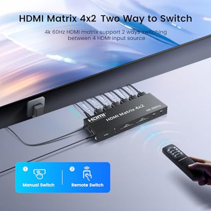 4K@60Hz HDMI Switch Splitter 4 in 2 Out w/Remote, Optical Audio and 3.5mm | HDMI Matrix Switch Supports Audio Extractor, Auto Downscaler, HDMI2.0, HDCP2.2 and 3D for PS5, Xbox, TV and Monitor