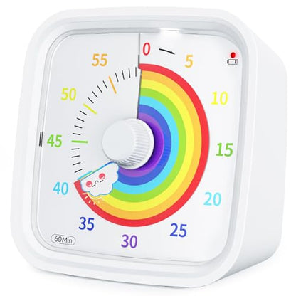 Rainbow Visual Timer for Kids, 60-min Countdown Timer, White | Protective Case, No Ticking, Mute and Ringing Alarm Available, Time Management Tool, Low Power Reminder, for Study,Game,Work - color: White Rainbow