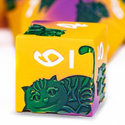 Metal DND Cat Dice 7PCS Polyhedral RPG Dice Set with Gift Case for Dungeons Dragons Role Playing Game, D and D Dice D6 D8 D10 D12 D20 D% (Yellow Green) - color: Cat-red Yellow&green