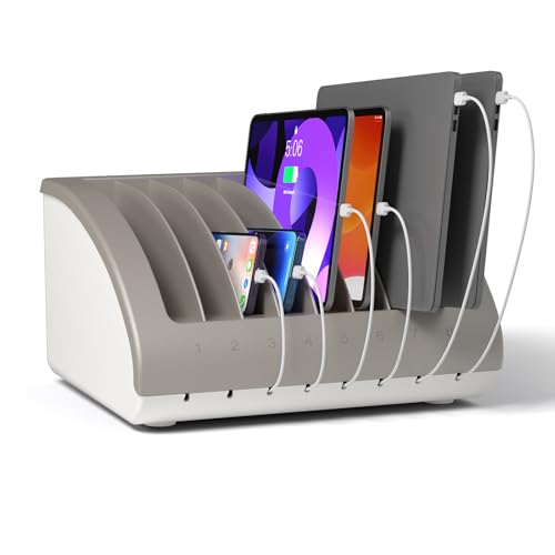 POCHAR 8 Devices USB Charging Station for Chromebook, iPad, Tablets, Phones - 10 Ports USB Charging Dock for Multi-Devices - Laptop Charging Station Rack Organizer for Classroom, Office, Lab - color: Gray, size: 8 Devices