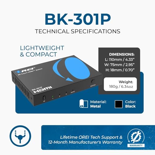 OREI 8K 3-Port HDMI 2.1 Switch, 3-in 1-Out, 8K@60Hz, Manual & Auto Switch | hdmi switch with remote, hdmi switch 4k 120hz, HDR10+, Dolby Vision, VRR, ALLM, CEC, PS5/Xbox compatible - size: 3x1 8K HDMI Switch