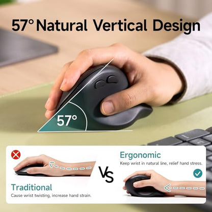 SANWA Multi Device Ergonomic Vertical Mouse, Silent Click, 5 Programmable Buttons, 2 Bluetooth 5.0 + 2.4G Wireless Ergo Mice for Medium Large Hands, Compatible with Windows, Mac OS, Laptop, PC, Black