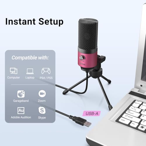FIFINE USB Microphone, Condenser Podcast Mic with Volume Knob Control, Metal Tripod Stand, USB Cable for Recording, Online Meeting, Streaming, Video Conferencing, PC Desk Microphone-K669 Rose Red | PC Desk Microphone with Volume Knob Control, Metal Tripod