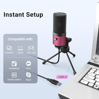 FIFINE USB Microphone, Condenser Podcast Mic with Volume Knob Control, Metal Tripod Stand, USB Cable for Recording, Online Meeting, Streaming, Video Conferencing, PC Desk Microphone-K669 Rose Red | PC Desk Microphone with Volume Knob Control, Metal Tripod