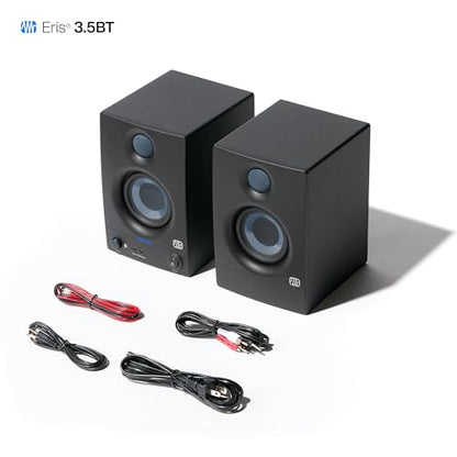 PreSonus Eris 3.5BT Studio Monitors, Pair — 3.5" Inch Powered Bookshelf Speakers, Stereo, Desktop Computer, Near Field Music Production, Audio Mixing Recording, Black | 3.5 Woven Woofer, 1 Silk-Dome Tweeter, 25W and Side, Trs, Rca and 3.5mm Inputs, High a