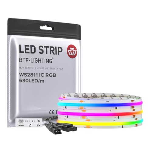 BTF-LIGHTING 9.8FT WS2811 Smart IC RGB DC24V FCOB COB LED Strip Light | UL Listed 630LEDs/m High Density Color Chasing Light 10mm Width for Home Party DIY Lighting(No Adapter or Controller) - color: White PCB, size: 3.28FT