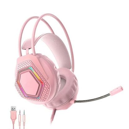 ASHATA Wired Gaming Headset, Computer Headset with Noise Cancelling Mic, 7.1 Surround Sound RGB Headphones 50mm Driver Unit Memory Foam Earpads, 3.5mm Wired (Pink) - color: Pink