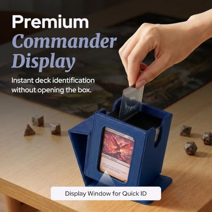 Commander Deck Box MTG 100 Card Holder with Display Window Blue | PU leather, 4 N52 magnets, fits 100 double-sleeved cards, display window, durable, portable, secure closure - color: Blue, size: 110+