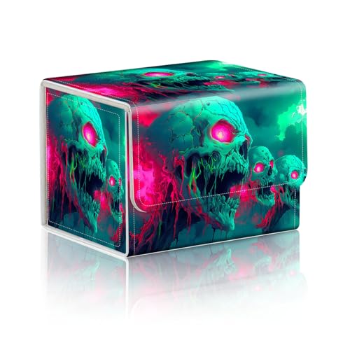 Trading Card Storage Box, Holds 100+ for MTG Cards, PU Leather with Magnetic Closure, Neon Zombie Skulls Horror Print Durable Deck Box for Magic the Gathering, Trading Card Games - color: Neon Zombie Skulls Horror Print