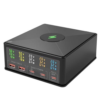 160W Desktop Charger Station with Wireless Charging Pad & Per-Port Display | Powers Multiple Devices at Once: PD 3.0 65W USB-C for MacBook, QC 3.0 for Phones, 15W Qi for iPhone, Pixel, Samsung, iPad