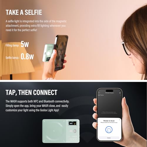 GODOX MA5R LED Fill Light with Soft Diffuser Magnetic Charging Phone Selfie Lighting Mini on Camera Lights 1800K-10000K 14 FX Modes for Selfies, YouTube, TikTok, Vlogging, Video Conferences (Green)