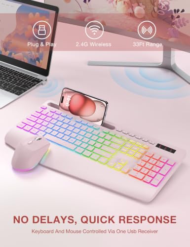 Wireless Keyboard and Mouse Combo, 9 Backlit Effects, RGB, 2.4GHz | Ergonomic Wrist Rest, Phone Holder, Rechargeable, Full Size, KM22 MAX Silent Set for Computer, Laptop, Mac, Windows (Pink) - color: Creamy Pink