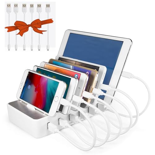 Charging Station for Multiple Devices,50W 6 USB Ports Family Charger Compatible with Apple iPhone iPad and Android Phone and Tablet - color: 6-USB-port&White