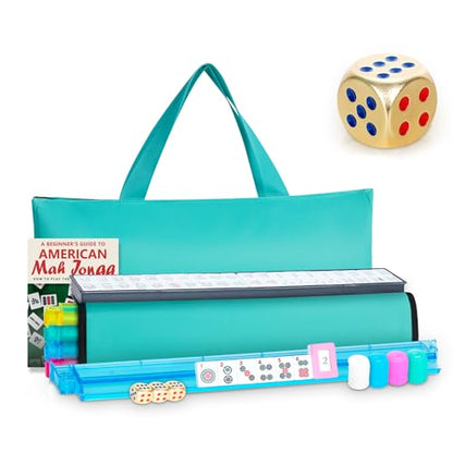 American Mahjong Tile Set, 166 White Tiles with Bag and Accessories | 4 All-in-One Color Pusher and Racks, Mah jongg Sets with 3 Golden Dics (Ma Jong) (Light Green)