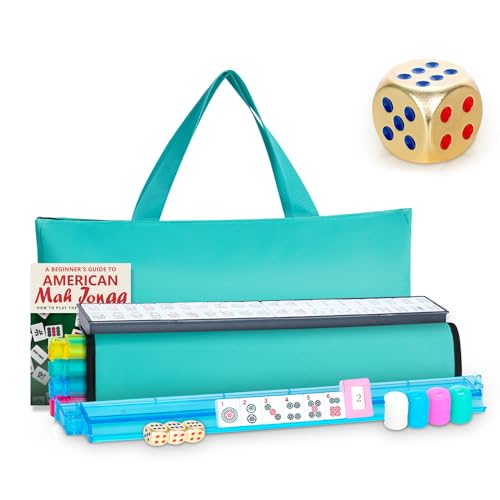 American Mahjong Tile Set, 166 White Tiles with Bag and Accessories | 4 All-in-One Color Pusher and Racks, Mah jongg Sets with 3 Golden Dics (Ma Jong) (Light Green)