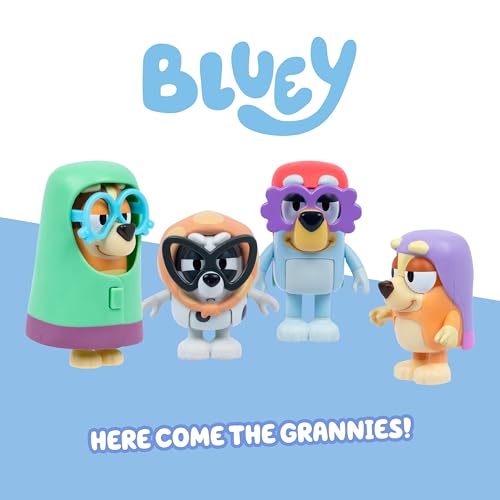 Bluey Figure 4-Pack Here Come The Grannies, Episode-Themed Toys | Includes Janet, Rita, Madge, and muffin from Bluey as Gladys, with moveable arms, 2.5-3 in tall - style: Here Come The Grannies