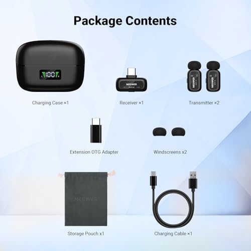 NEEWER KM19 Wireless Lavalier Microphone Compatible with iPhone 15 16 17 | Compatible with iPhone Android & PC, Mini Lav Mic, App Control, 3 Level Noise Cancelling, 30H Battery, 100m, Video Recording