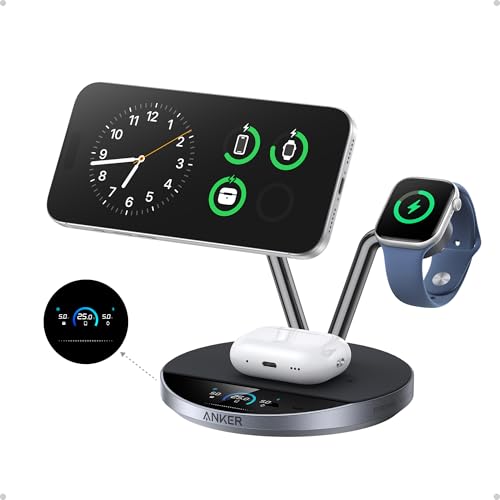 Anker Prime 3-in-1 Qi2.2 MagSafe Compatible 25W Wireless Charging Station | Smart Display with TEC Active Cooling, for iPhone 17, Apple Watch, AirPods Pro, and More (Adapter Included) - color: Phantom Gray