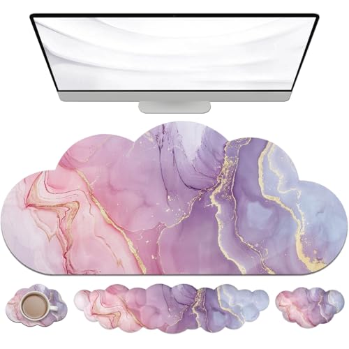 JIKIOU Ergonomic Keyboard Wrist Rest &Large Mouse Pad&Mouse Wrist & Cup Pad | Cute Cloud Shape, 4 in 1 Memory Foam Desk Mat, Ultra-smooth Surface, Savior of Wrist Pain, Anti-slip Rubber Base, Waterproof - color: 07Marble Pink