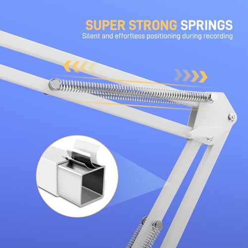 MAONO BA20 Adjustable Mic Boom Arm, Metal Suspension Desk Stand | 1kg max load, 3/8 to 5/8 adapter, suspension design, podcast gaming streaming recording, desk clamp, white finish - color: White