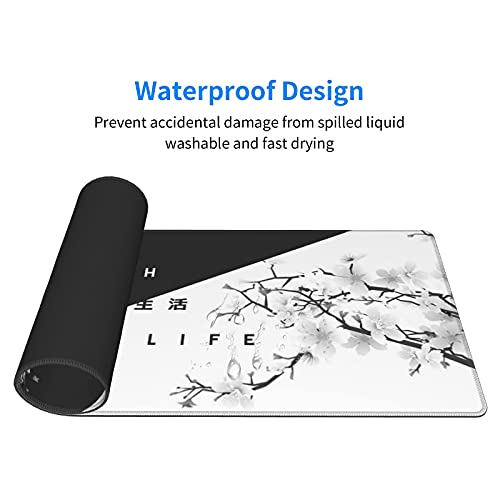 Black White Cherry Blossom Mouse Pad Japanese Sakura Death Life Extended Desk Mat 80X30 cm Non-Slip Rubber Base Stitched Edge Large XL Playmat for Gaming Laptop Computer PC Desktop,31.5×11.8 Inch - color: Black White, size: 31.5 x 11.8 inches