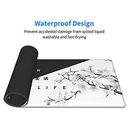 Black White Cherry Blossom Mouse Pad Japanese Sakura Death Life Extended Desk Mat 80X30 cm Non-Slip Rubber Base Stitched Edge Large XL Playmat for Gaming Laptop Computer PC Desktop,31.5×11.8 Inch - color: Black White, size: 31.5 x 11.8 inches
