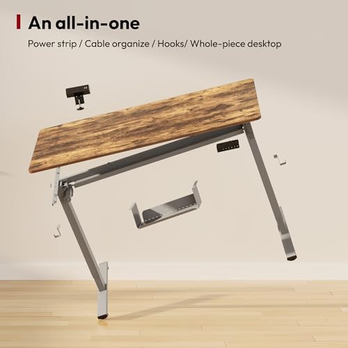 SANODESK Electric Standing Desk with Desk Clamp Power Strip 48"x 24" Whole-Piece Desktop Height Adjustable Stand Up Desk with Cable Management Sit Stand Home Office Desk Silver Frame/Rustic Brown Top - color: Silver Frame+rustic Brown Top, size: 48"x24"