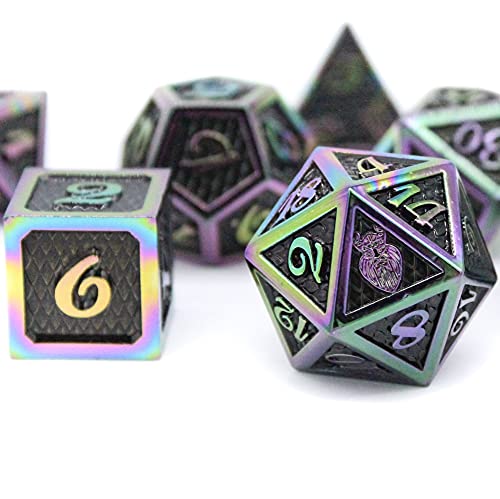 HEIMDALLR Metal DND Dice Set 7 pcs - Dragonhide Design, 16mm Size, Logo on D20; Metal Dice Set & Dice Box; D&D Dice Set D&D (Dungeons and Dragons Dice Set) - Jormungandr Series (Prismatic Dragon) - color: 11 Prismatic Dragon
