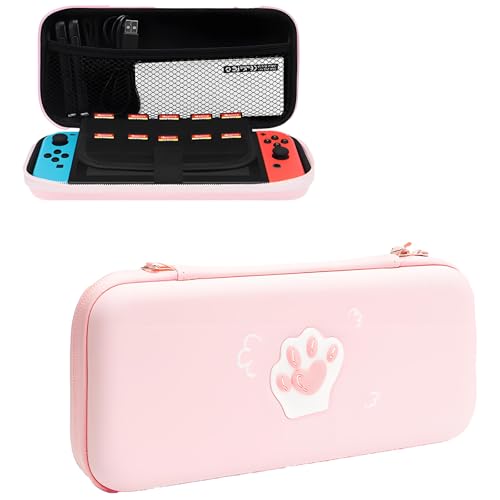 QUBAMG Cat Paws Carry Case Compatible with Nintendo Switch and Switch OLED Console -Protective Hard Portable Travel Carry Case Shell Pouch with Pockets for Accessories and Games Pink - color: Pink Cat Paws