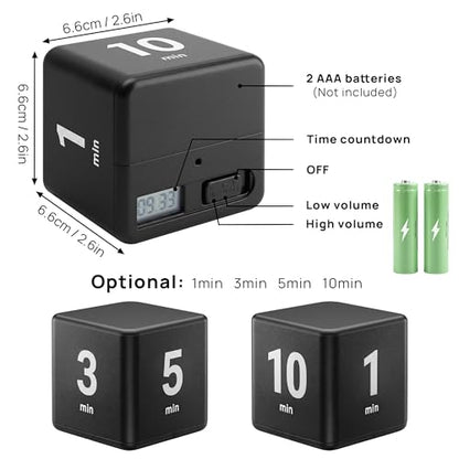 JOYIT Black Cube Timer 1 3 5 10 Minutes - Flip Countdown Visual Timer for Time Management, Kitchen, Workout, Study, Classroom, Office, Games - color: Black 1-3-5-10