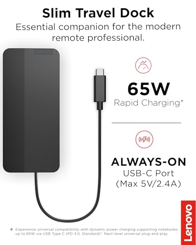 Lenovo USB-C Slim Travel Dock, 8 Ports, Up to 65W PD Pass Through, Integrated USB-C Cable, 4K Display Support, Black - style: Slim Travel Dock
